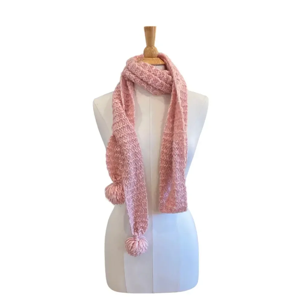 Vintage Y2K Old Navy Pink Crochet Extra Long Skinny Scarf with Pom Poms
